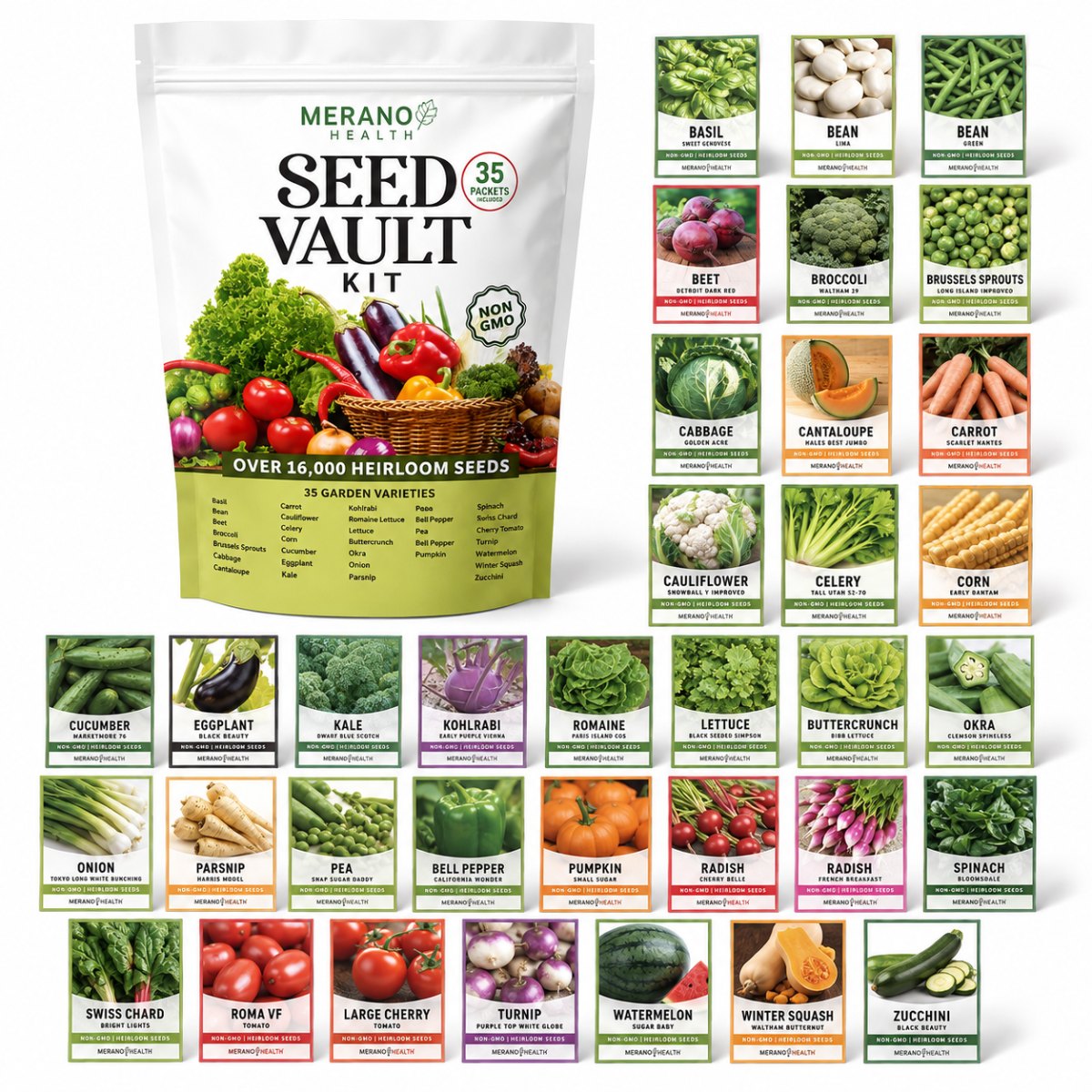 Merano Health Seed Vault Kit bag with all 35 labeled seed packets