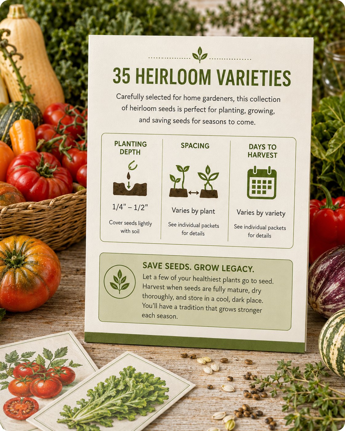 Packet back showing planting depth, spacing and days to harvest, with seed-saving guidance