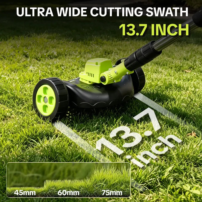 Trimmer cutting head with support wheels on grass
