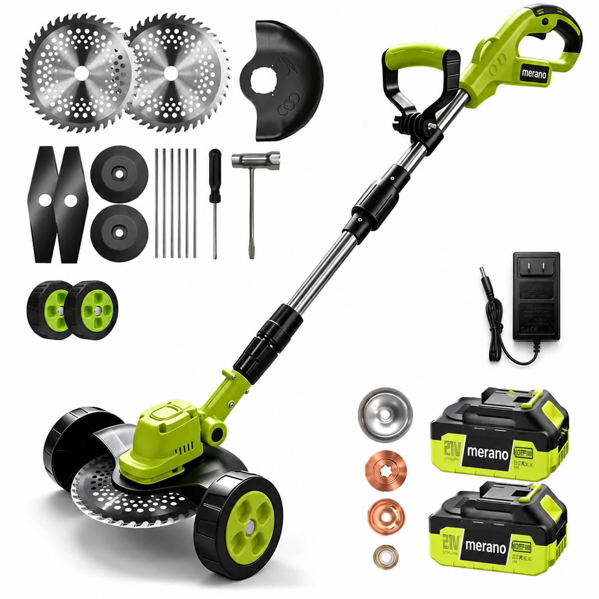 Merano cordless weed trimmer kit with two batteries and accessories