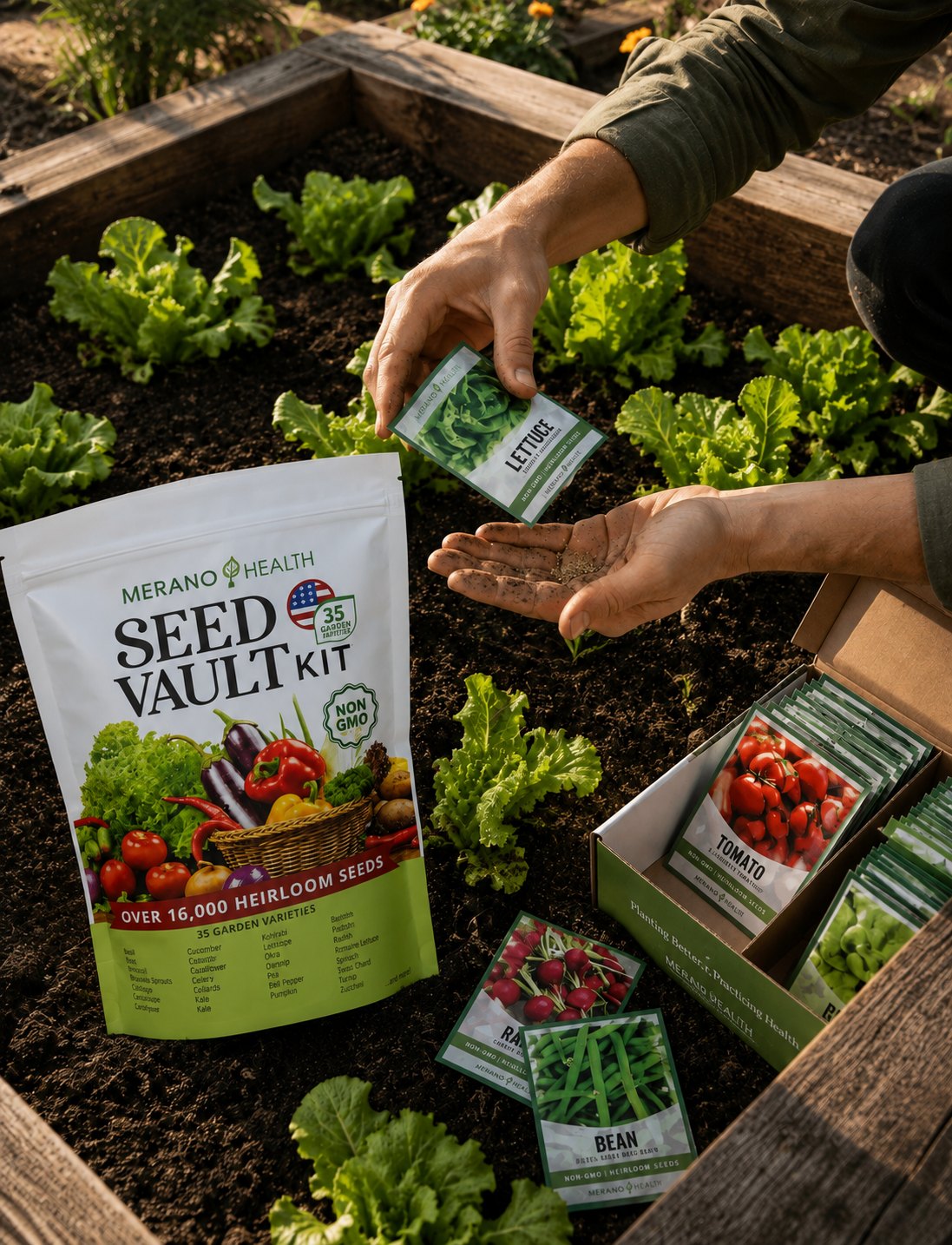 Sowing lettuce seed from a Merano Health kit packet into a raised bed, with the Seed Vault bag and packets alongside